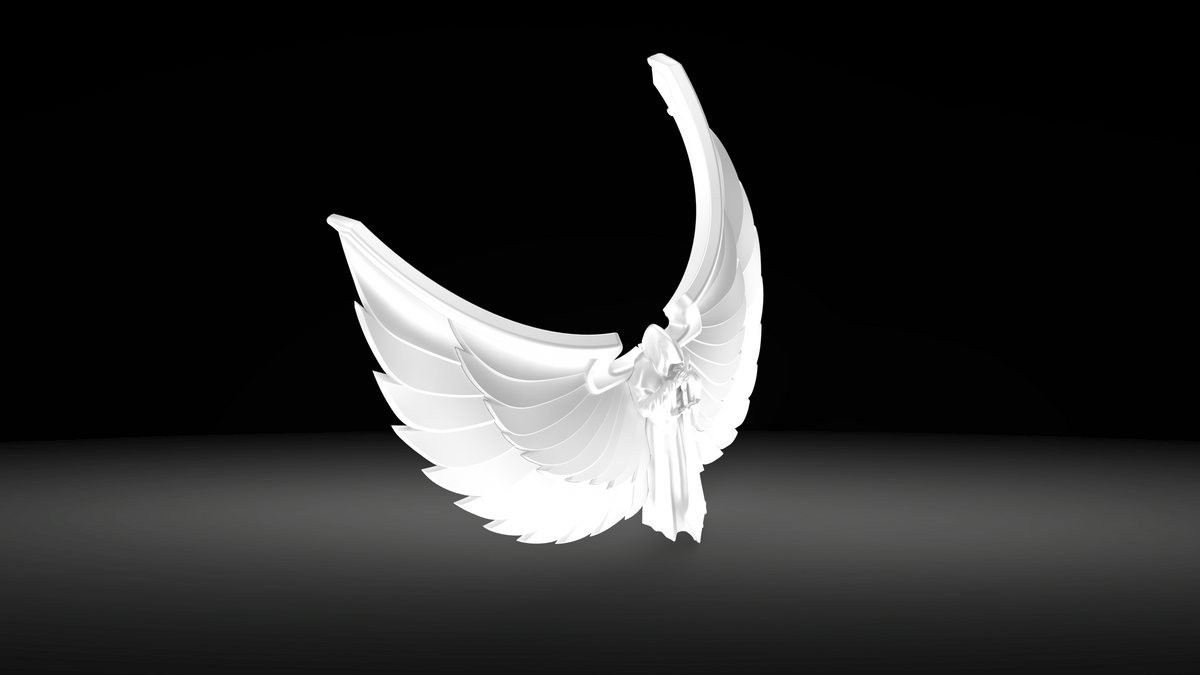 A white, stylized angel with large, curved wings stands on a dark gradient background, dramatically illuminated to showcase its features—a captivating centerpiece inspired by the V.10 Gloomy Celestials V.2 Chest Detail (3D Print | Files Only) aesthetic.