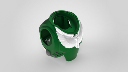 A green, futuristic armor chest piece featuring a prominent white wing motif on the front is displayed from above against a plain light background—this 3D-printable V.10 Gloomy Celestials V.2 Chest Detail (Files Only) highlights sleek modern contours and meticulous craftsmanship.