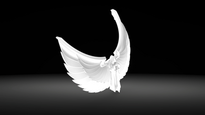 A white, stylized angel with large, curved wings stands on a dark gradient background, dramatically illuminated to showcase its features—a captivating centerpiece inspired by the V.10 Gloomy Celestials V.2 Chest Detail (3D Print | Files Only) aesthetic.