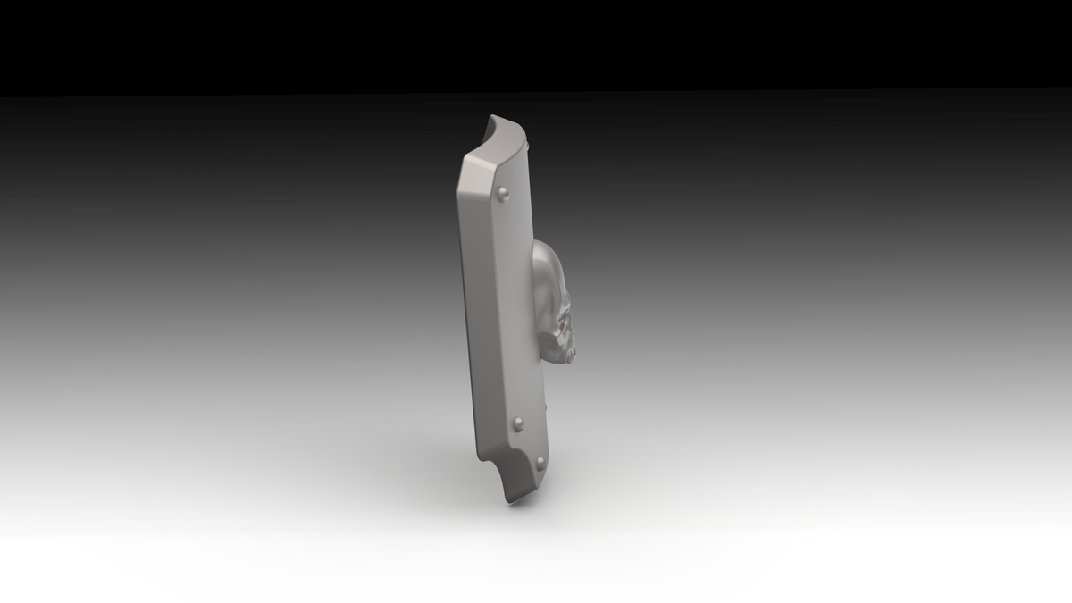 A 3D-rendered gray decorative object with a vertical rectangular form, small circular details, and a skull motif on the side, shown against a black-to-white gradient background.