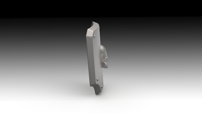 A 3D-rendered gray decorative object with a vertical rectangular form, small circular details, and a skull motif on the side, shown against a black-to-white gradient background.