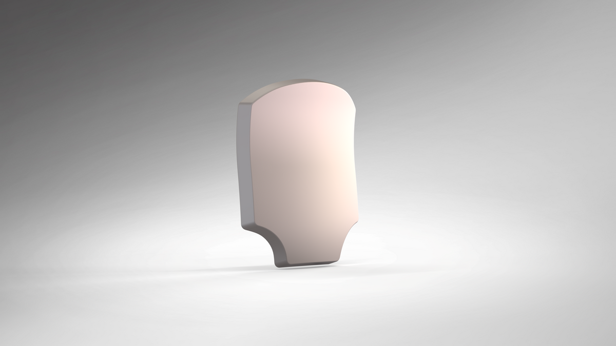 A single, smooth, curved, metallic object—reminiscent of the V.10 Edge Warden V.1 Hip Plate Pattern—stands upright against a gradient gray background, casting a faint shadow on the surface.