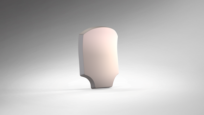 A single, smooth, curved, metallic object—reminiscent of the V.10 Edge Warden V.1 Hip Plate Pattern—stands upright against a gradient gray background, casting a faint shadow on the surface.