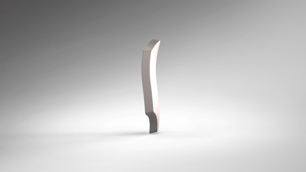 A three-dimensional, metallic, abstract sculpture with a wavy shape stands upright on a smooth, gradient gray background, echoing the sleek design and futuristic contours of the V.10 Edge Warden V.1 Hip Plate Pattern.