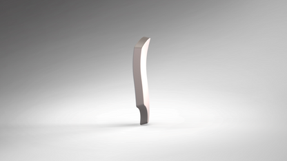 A three-dimensional, metallic, abstract sculpture with a wavy shape stands upright on a smooth, gradient gray background, echoing the sleek design and futuristic contours of the V.10 Edge Warden V.1 Hip Plate Pattern.