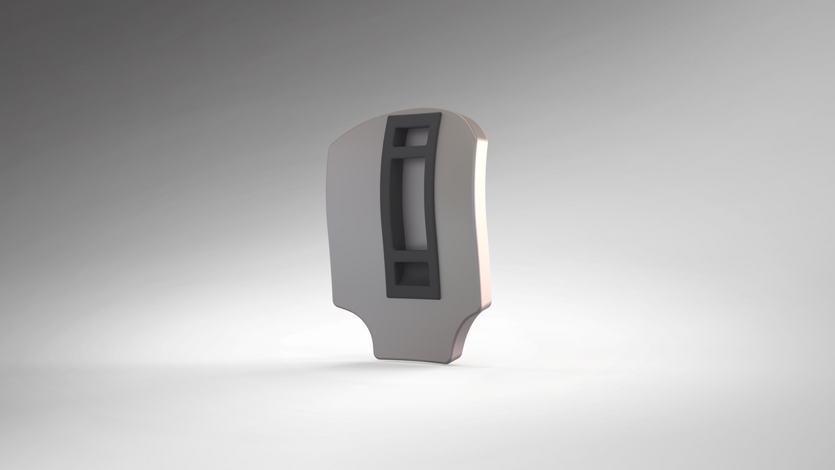 A metallic, irregularly shaped object with three rectangular cutouts stands upright against a gradient gray background, reminiscent of a 3D-printable hip plate from the V.10 Edge Warden V.1 Hip Plate Pattern collection.