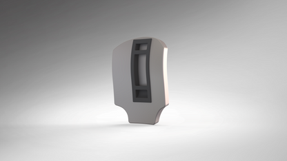 A metallic, irregularly shaped object with three rectangular cutouts stands upright against a gradient gray background, reminiscent of a 3D-printable hip plate from the V.10 Edge Warden V.1 Hip Plate Pattern collection.