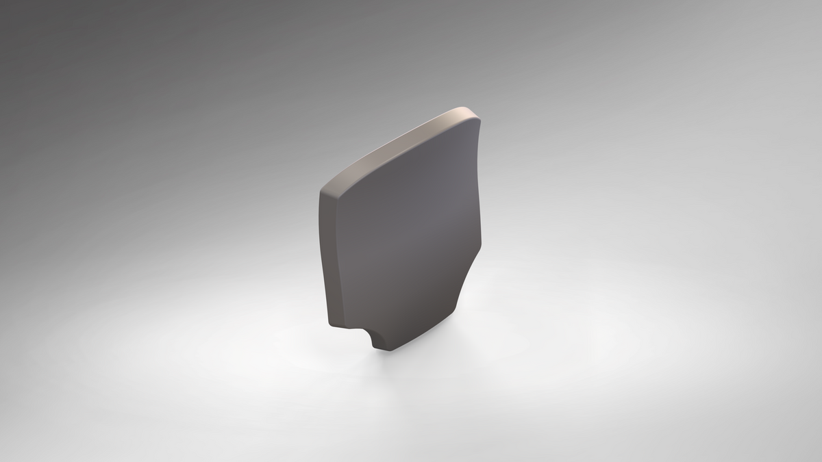 A single, gray, irregularly-shaped, vertical metal piece—resembling the V.10 Edge Warden V.1 Hip Plate Pattern—stands on a light gray gradient background, viewed from an elevated angle.