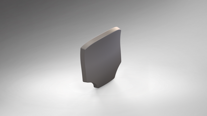 A single, gray, irregularly-shaped, vertical metal piece—resembling the V.10 Edge Warden V.1 Hip Plate Pattern—stands on a light gray gradient background, viewed from an elevated angle.