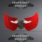 Red wings with a black fist in the center on a gray background, featuring 'Crawdaddy Cosplay' branding.