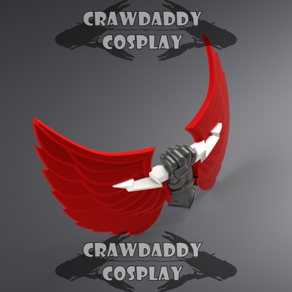 Red and white weapon with a gloved hand holding it, branded 'Crawdaddy Cosplay' on a gray background.