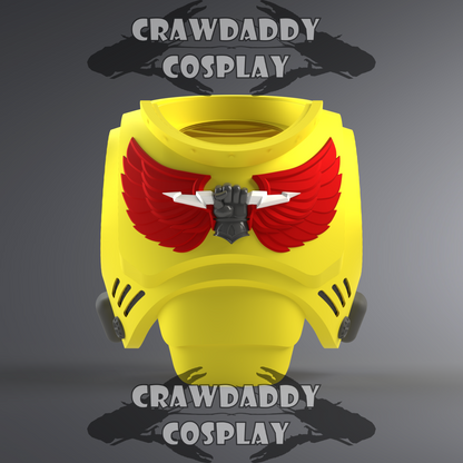 Yellow and red costume piece with wings on a gray background, branded 'Crawdaddy Cosplay'.