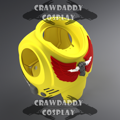 Yellow and red costume piece with wings on a gray background, branded 'Crawdaddy Cosplay'.
