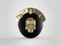 Upgrade your Galactic Warriors Version 10 with the V.10 Knee Skull Detail V.1 (3D Print | Files Only)—a black shield featuring a central gold skull, a gold spiked border, and three circular holes along the top edge, perfect for authentic customization.