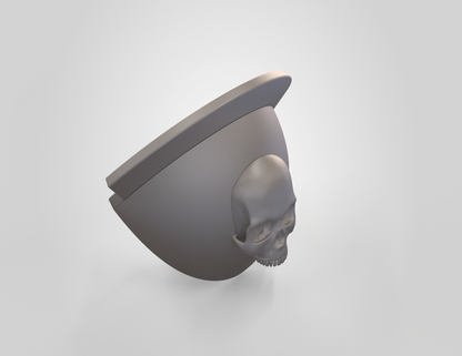 A 3D-rendered gray model shaped like a partial bowl or helmet with a flat rim and a realistic human skull integrated into its curved surface, the V.10 Knee Skull Detail V.1 (3D Print | Files Only) is presented against a plain light background. Designed as a 3D printable knee accessory, this piece offers both bold aesthetics and functional utility.