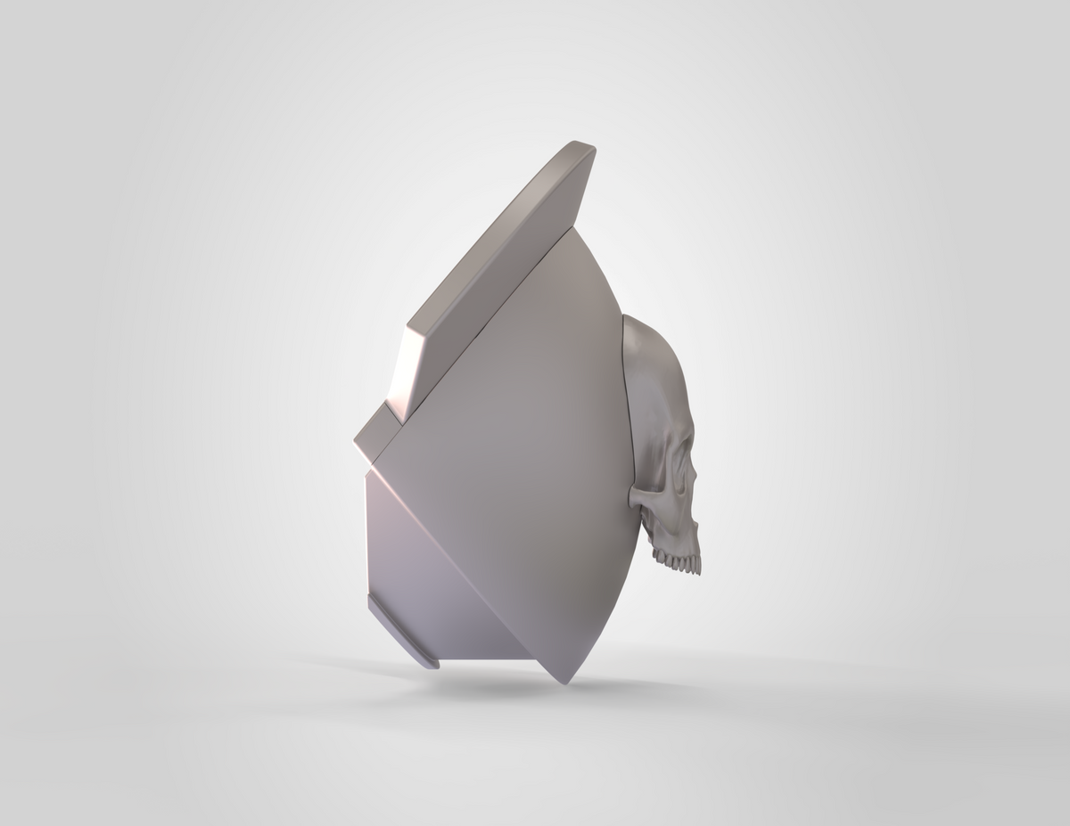 A 3D rendering featuring the V.10 Knee Skull Detail V.1 highlights a gray human skull emerging from an angular, geometric form with sharp edges, all set against a plain white background. Drawing inspiration from the Galactic Warriors Version 10 aesthetic, this design incorporates tactical knee skull detail elements for enhanced intensity.