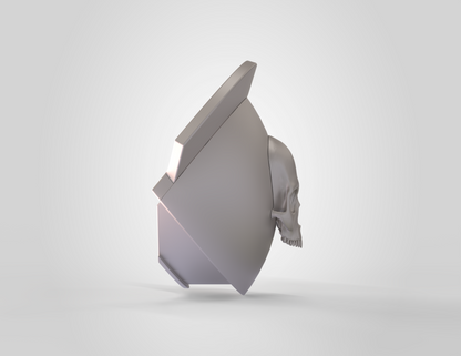 A 3D rendering featuring the V.10 Knee Skull Detail V.1 highlights a gray human skull emerging from an angular, geometric form with sharp edges, all set against a plain white background. Drawing inspiration from the Galactic Warriors Version 10 aesthetic, this design incorporates tactical knee skull detail elements for enhanced intensity.