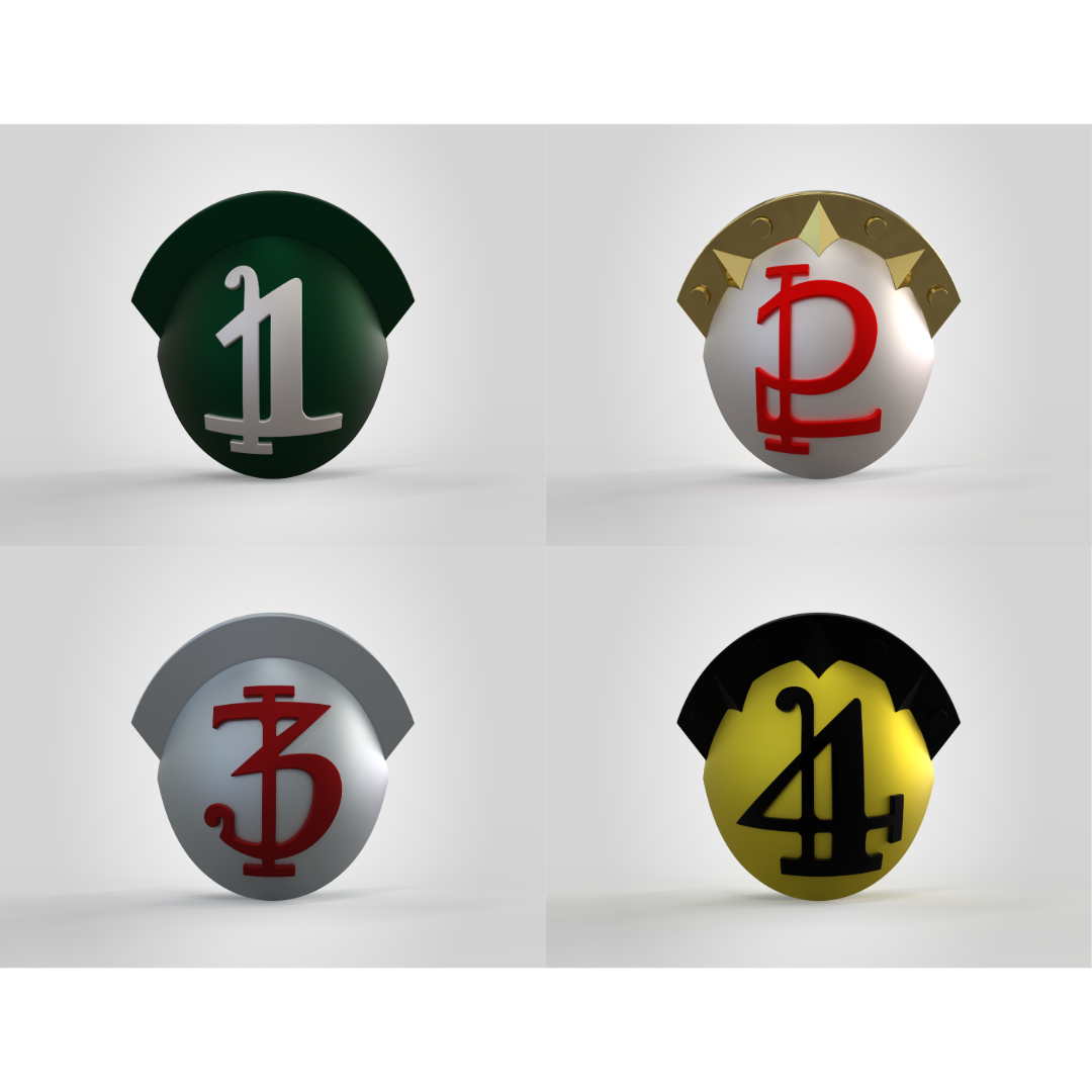 Four metallic-style badge designs with unique, stylized symbols in different colors—top left is green with white, top right is white with gold and red, bottom left is silver with red, and bottom right is gold with black—perfect for fans of Galactic Warriors Version 10 or anyone wanting to customize their EVA foam builds using the V.10 Knee Squad Number Details (3D Print | Files Only) files.