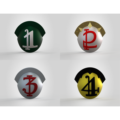 Four metallic-style badge designs with unique, stylized symbols in different colors—top left is green with white, top right is white with gold and red, bottom left is silver with red, and bottom right is gold with black—perfect for fans of Galactic Warriors Version 10 or anyone wanting to customize their EVA foam builds using the V.10 Knee Squad Number Details (3D Print | Files Only) files.