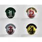 Four metallic-style badge designs with unique, stylized symbols in different colors—top left is green with white, top right is white with gold and red, bottom left is silver with red, and bottom right is gold with black—perfect for fans of Galactic Warriors Version 10 or anyone wanting to customize their EVA foam builds using the V.10 Knee Squad Number Details (3D Print | Files Only) files.