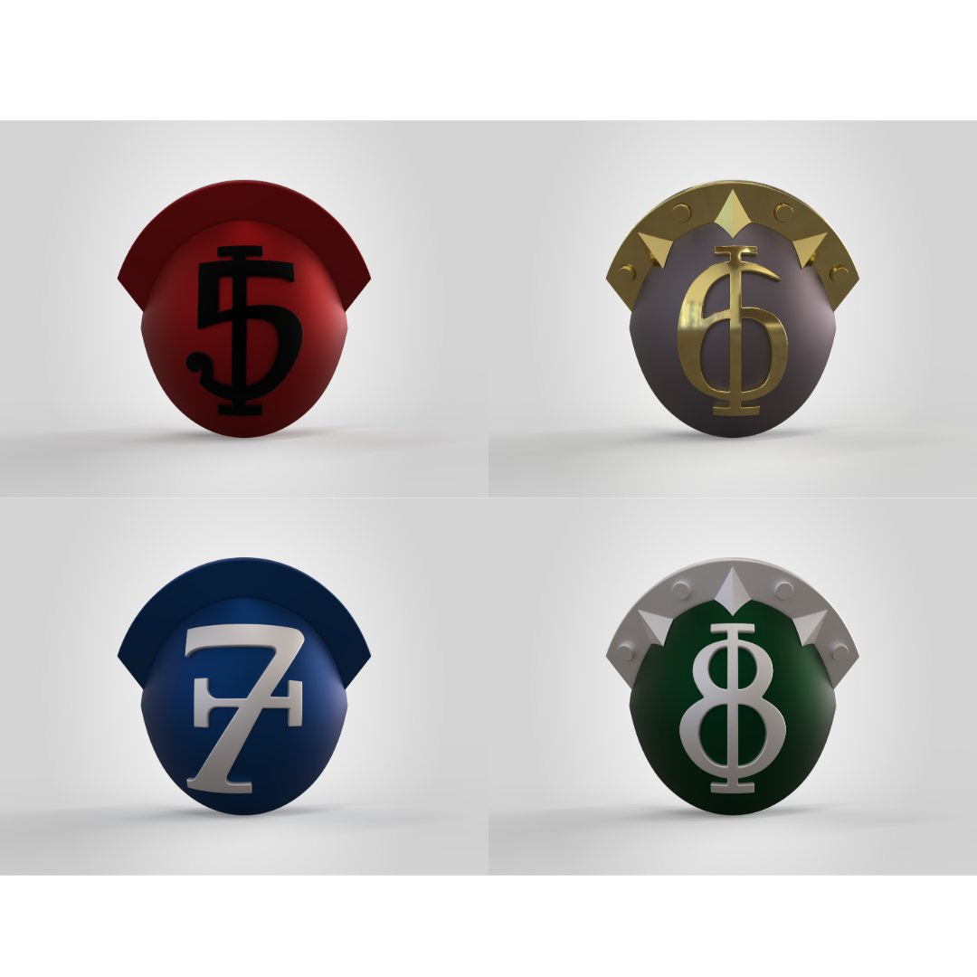 Four round shields featuring stylized letters—top left is red with black TJ, top right is gray with gold TG, bottom left is blue with white TZ, and bottom right is green with silver TB—make these V.10 Knee Squad Number Details (3D Print | Files Only) perfect for Galactic Warriors Version 10 cosplay or as inspiration for crafting EVA foam templates.