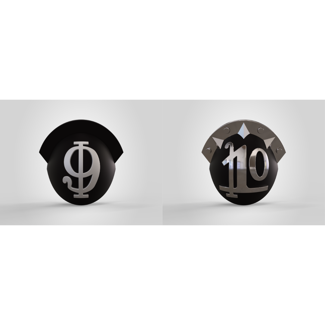 Two black circular badges from the V.10 Knee Squad Number Details (3D Print | Files Only) set: the left badge displays a silver Phi symbol (Φ), while the right features a silver Pi symbol (π) overlaid with “110” and topped with a metallic, pentagon-shaped element reminiscent of Galactic Warriors Version 10 designs. Both badges are shown against a light background.
