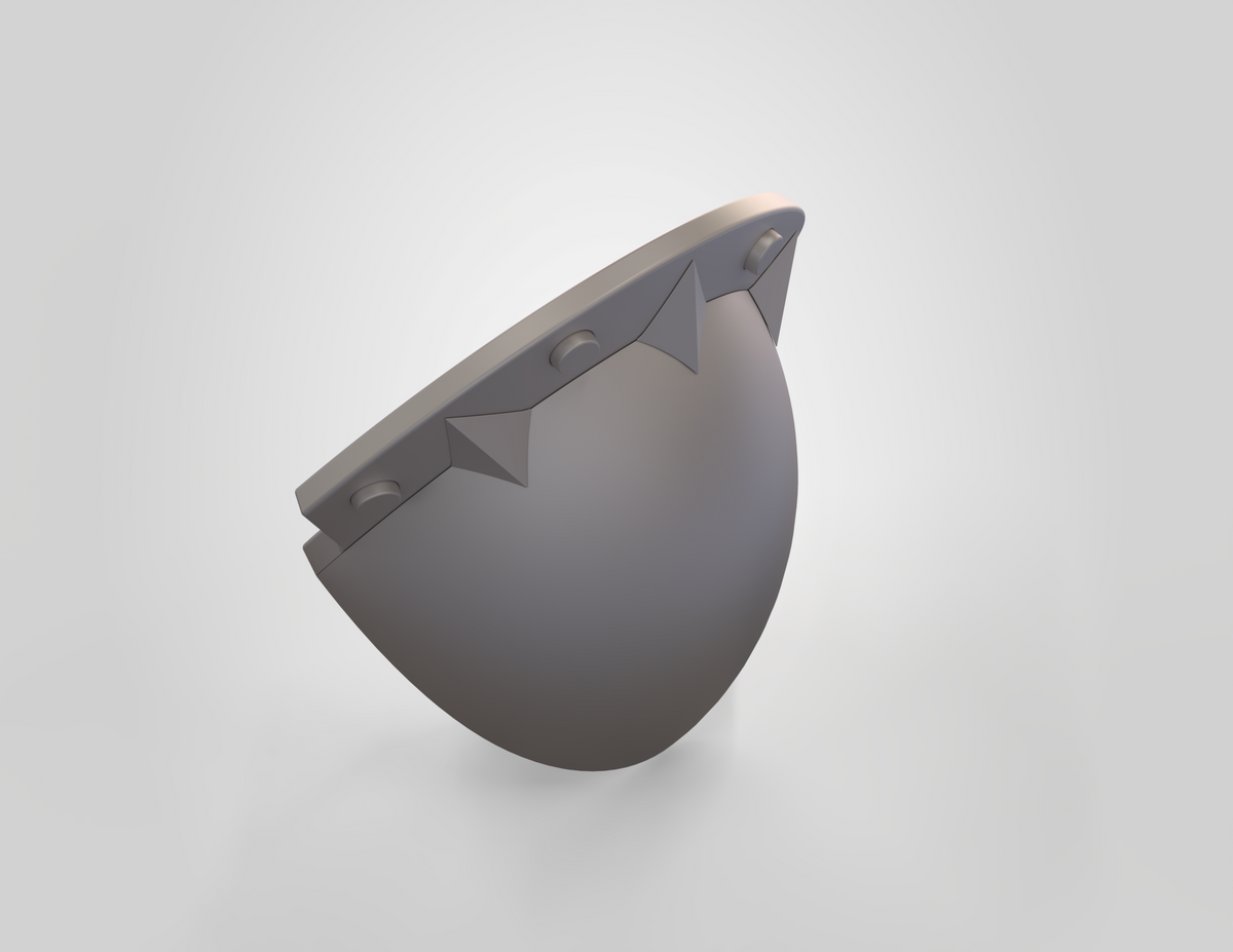 A 3D-rendered, gray, semi-spherical object with three triangular notches and round holes along its flat edge, resembling the V.10 3D Printed Knee V2.0 (3D Print | Files Only), set against a light gray background.