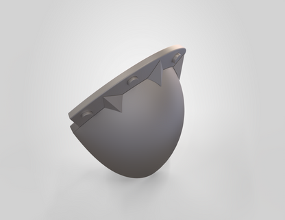 A 3D-rendered, gray, semi-spherical object with three triangular notches and round holes along its flat edge, resembling the V.10 3D Printed Knee V2.0 (3D Print | Files Only), set against a light gray background.