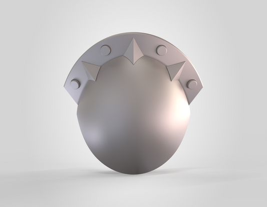 A sleek, metallic, oval-shaped shield featuring a curved top edge with three triangular spikes and four round studs recalls the futuristic armor style of the V.10 3D Printed Knee V2.0 (3D Print | Files Only), displayed against a simple light gray background.
