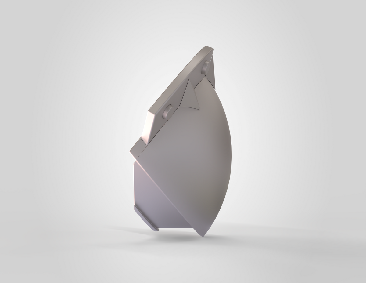 A 3D-rendered, metallic, geometric object with a curved surface and sharp edges, featuring two holes on the top flat section, set against a plain light background—perfect as the V.10 3D Printed Knee V2.0 (3D Print | Files Only) component for your next Galactic Warriors 3D print project.
