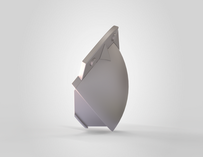 A 3D-rendered, metallic, geometric object with a curved surface and sharp edges, featuring two holes on the top flat section, set against a plain light background—perfect as the V.10 3D Printed Knee V2.0 (3D Print | Files Only) component for your next Galactic Warriors 3D print project.