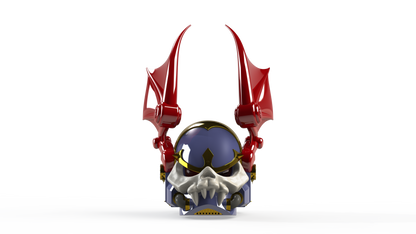 Showcase your creativity with the Midnight Rulers Helmet (3D Print | Files Only)—a fantasy helmet design featuring a metallic skull face, a dark blue dome, golden accents, and bold red upward-curving horn-like spikes on each side. Presented against a plain white background, this striking digital download includes files ready for your next 3D printing project.