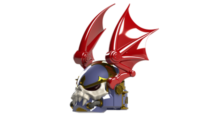 Digital download of the Midnight Rulers Helmet (3D Print | Files Only): this eye-catching design features 3D print files for a metallic skull face with blue and gold accents, topped by large, glossy red bat wings on each side.