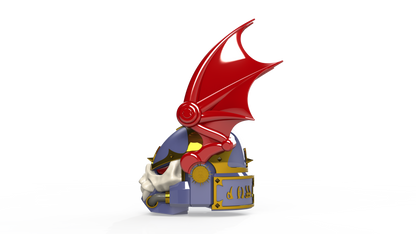 The Midnight Rulers Helmet (3D Print | Files Only) features a stylized design with a blue base, white beard, gold accents, and a prominent red dragon wing attached to the side. Displayed against a plain white background, this unique helmet is available as digital 3D print files for download.