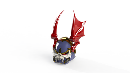 A 3D model of the Midnight Rulers Helmet, featuring red dragon-like wings, gold accents, and a blue base, is displayed against a plain white background. Ideal for fans and collectors, these digital files are available as an instant download for 3D printing.