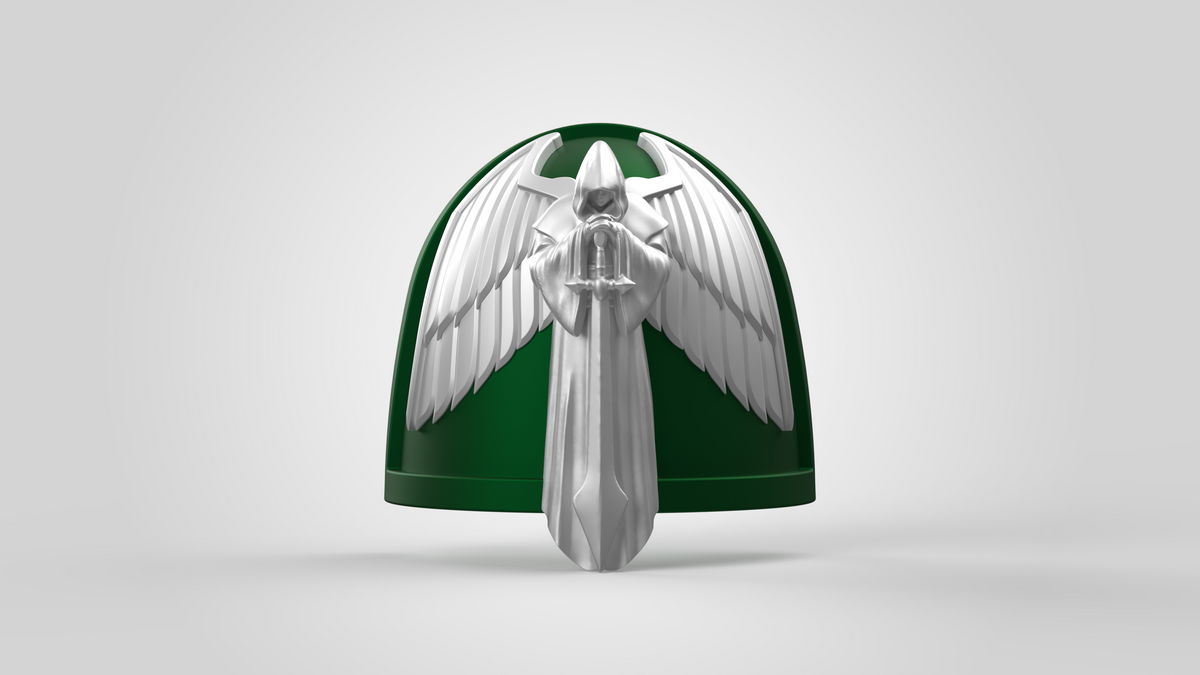 A green, rounded V.10 Gloomy Celestials V.1 Shoulder Detail (3D Print | Files Only) features a detailed silver angel with outstretched wings and a hood, holding a sword vertically—reminiscent of the powerful warriors from Galactic Warriors. The background is plain and light gray.