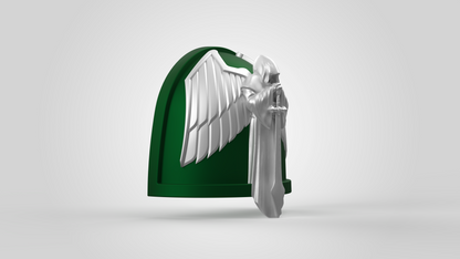 A green shoulder pad featuring a raised, silver-gray angelic or robed figure with large wings in the distinctive style of the V.10 Gloomy Celestials V.1 Shoulder Detail (3D Print | Files Only), displayed on a plain light gray background—an ideal choice for those looking to enhance their Galactic Warriors 3D print collection with a unique piece.
