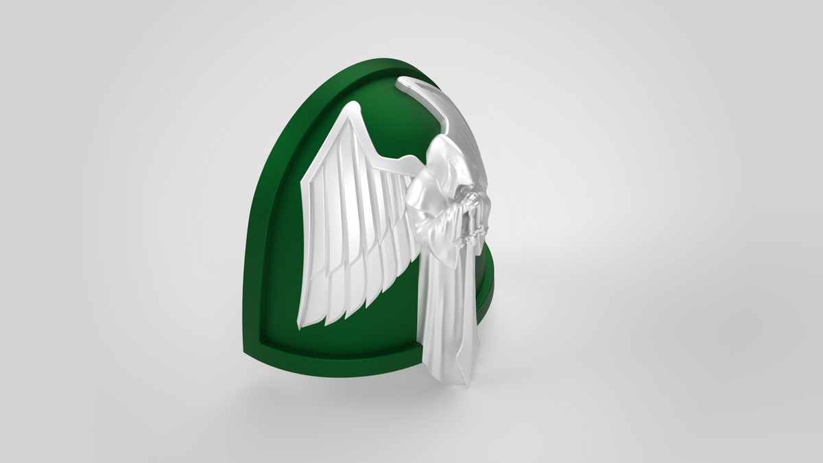 A silver angel with large wings and a hooded robe is set against a green, shield-shaped background on a white surface—perfect as a digital download for customizing your own V.10 Gloomy Celestials V.1 Shoulder Detail (3D Print | Files Only) or enhancing tactical armor designs.