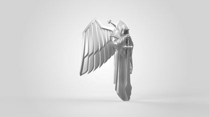 A metallic statue of a hooded, winged figure holding a sword, evoking the mystique of an angel or grim reaper, floats against a plain light gray background. Ideal as a 3D print digital download, this design perfectly captures the striking essence of the V.10 Gloomy Celestials V.1 Shoulder Detail (3D Print | Files Only).