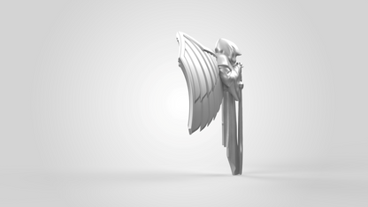 A 3D-rendered statue showcasing the V.10 Gloomy Celestials V.1 Shoulder Detail—a hooded, winged figure holding a sword, reminiscent of Tactical Gloomy Celestials—displayed in profile against a minimal, light gray background. Ideal for fans and collectors looking for a distinctive digital download to enhance their Galactic Warriors 3D print projects (files only).