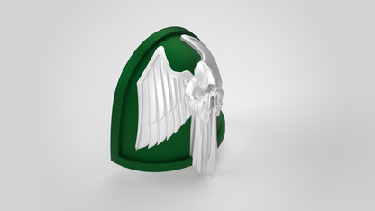 A silver angel with large wings and a hooded robe is set against a green, shield-shaped background on a white surface—perfect as a digital download for customizing your own V.10 Gloomy Celestials V.1 Shoulder Detail (3D Print | Files Only) or enhancing tactical armor designs.