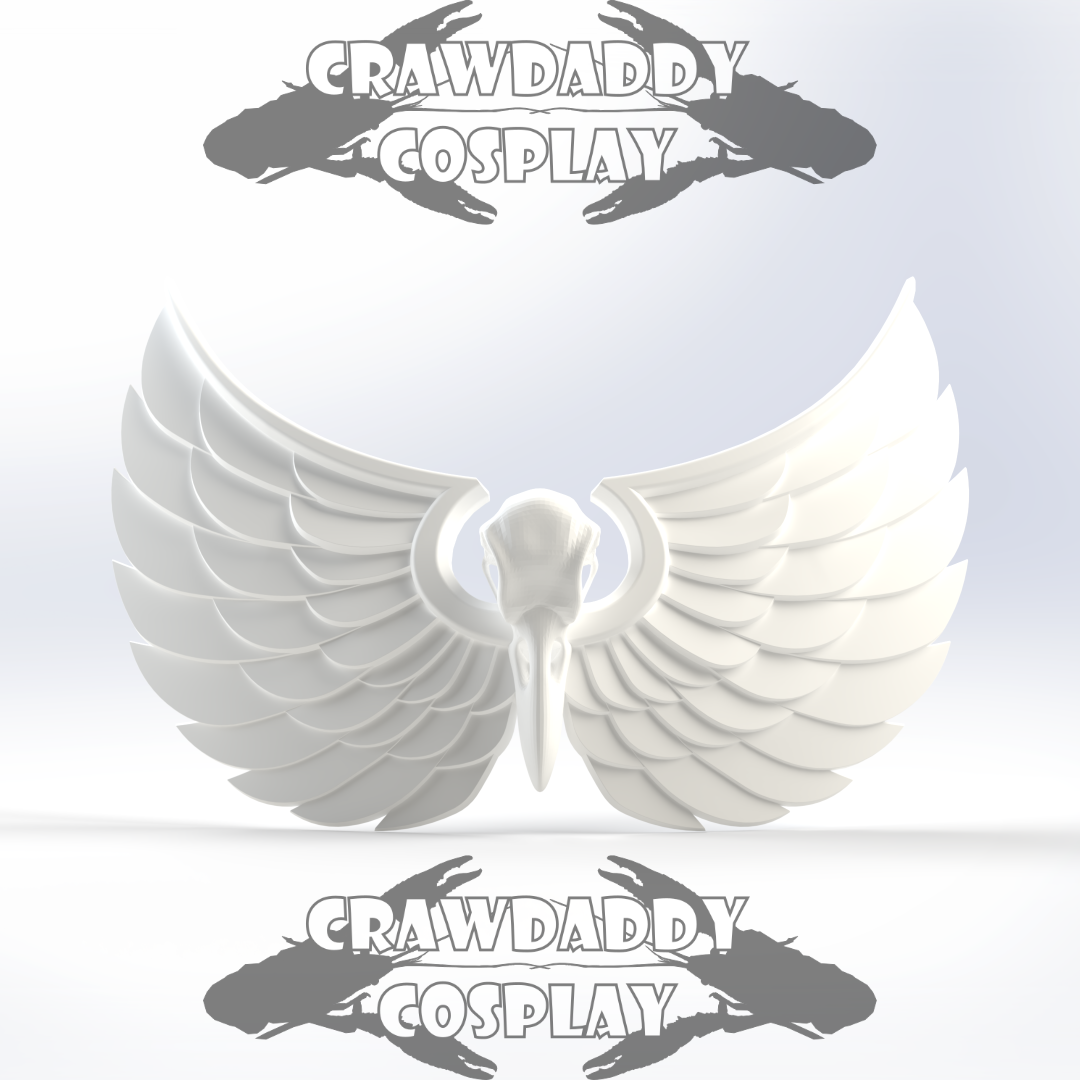 White angel wings with 'Crawdaddy Cosplay' branding on a light gray background