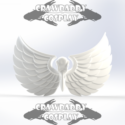 White angel wings with 'Crawdaddy Cosplay' branding on a light gray background