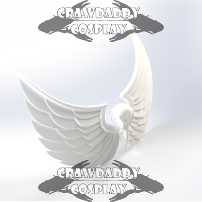 White angel sculpture with wings on a light gray background, featuring 'Crawdaddy Cosplay' text.