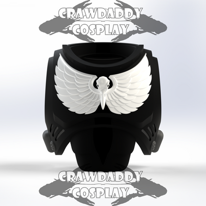 Black and white mask with wing-like design on a light gray background, featuring 'Crawdaddy Cosplay' branding.