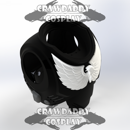Black helmet with white bird design on a light gray background, featuring 'Crawdaddy Cosplay' branding.
