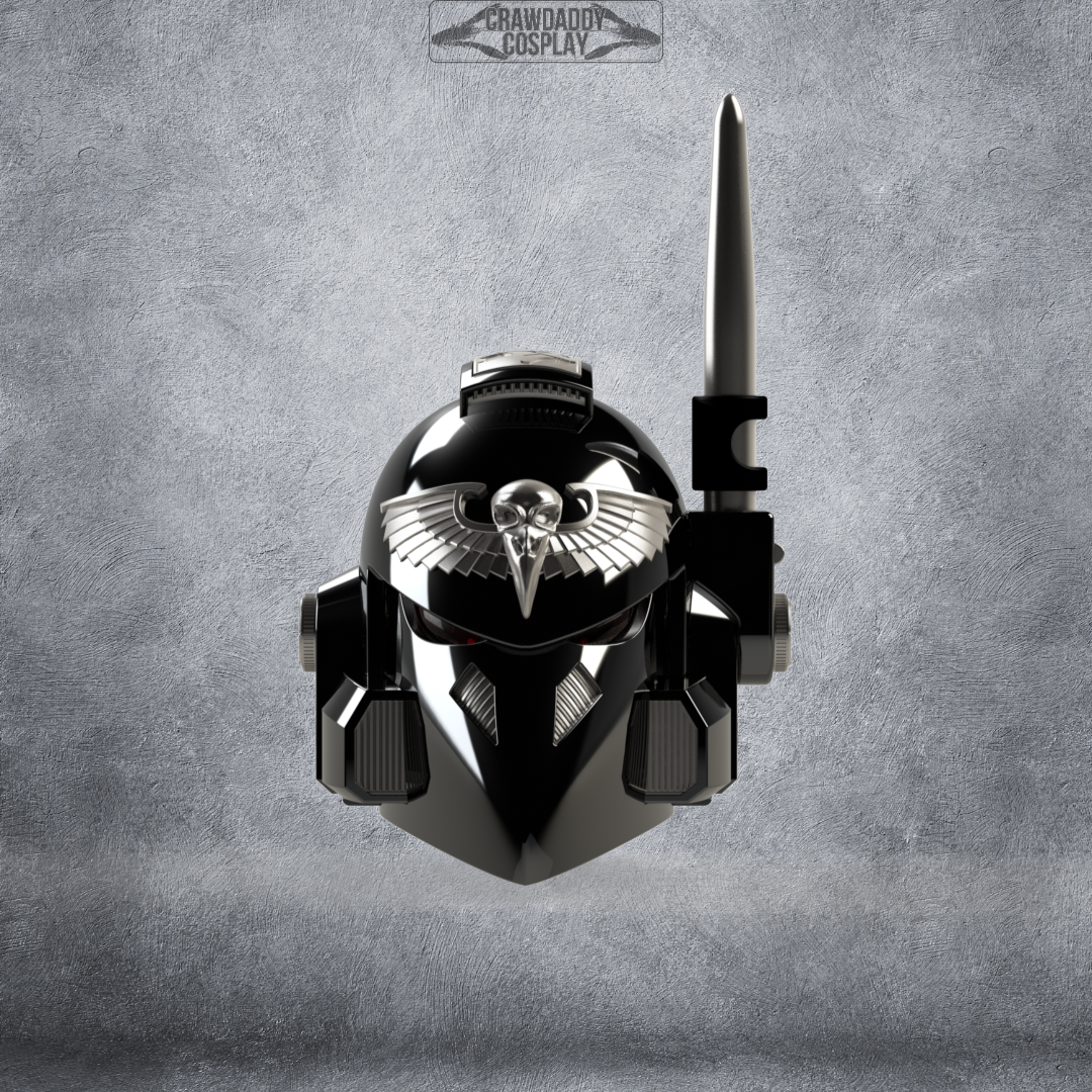 A glossy black V.7 Eagle - Sable Sentry Helmet featuring a winged skull emblem, antenna, and detailed vents, set against a textured gray background. Available as a digital download with 3D print files for easy creation.