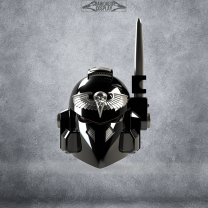 A glossy black V.7 Eagle - Sable Sentry Helmet featuring a winged skull emblem, antenna, and detailed vents, set against a textured gray background. Available as a digital download with 3D print files for easy creation.