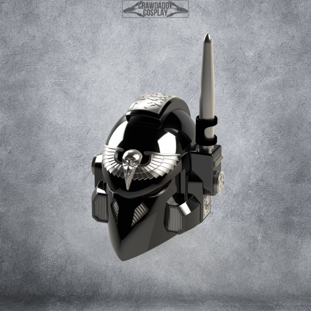 A black sci-fi helmet adorned with a silver skull and wings emblem, antenna, and metallic accents floats against a textured gray background. This eye-catching design showcases the V.7 Eagle - Sable Sentry Helmet (3D Print | Files Only), available for digital download. The text “CRAWDADDY COSPLAY” appears faintly at the top of the image.
