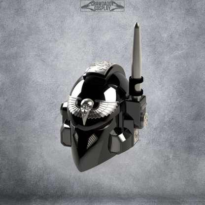 A black sci-fi helmet adorned with a silver skull and wings emblem, antenna, and metallic accents floats against a textured gray background. This eye-catching design showcases the V.7 Eagle - Sable Sentry Helmet (3D Print | Files Only), available for digital download. The text “CRAWDADDY COSPLAY” appears faintly at the top of the image.